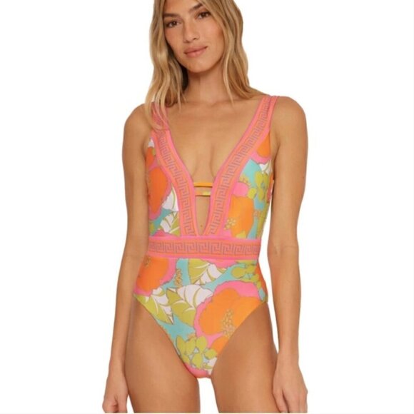 Trina Turk Playa De Flor One Piece Plunge Swimsuit 14 Floral Cut Out - Picture 1 of 6